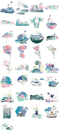 梦幻水彩国潮幻境微景观风景场景庭院花朵花卉元素设计模板素材-淘宝网