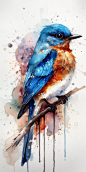 a colorful watercolor painting of an eastern bluebird white background