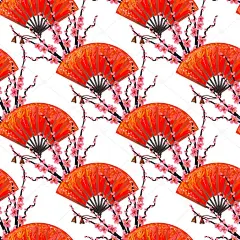 无缝的日本模式与日本手风扇和樱花樱花矢量背景。完美的壁纸、 图案填充、 网页背景、 表面纹理、 纺织