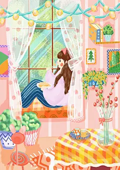 扁平插画之窗台，女孩独居生活系列插画，温暖治愈系列插画