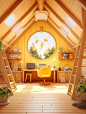 https://s.mj.run/O0Xtwc5n5uY 3d scene, looking up, simple bright wooden house, bright yellow, indoor study with desk, round window, chandelier, looking up, oc renderer, 8k, --ar 3:4