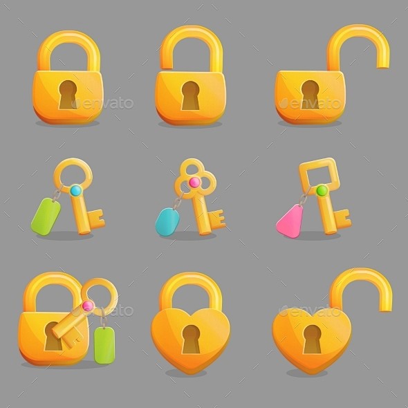金色的锁和钥匙与魅力——Web元素矢量Golden Locks and Keys with Charms - Web Elements ...