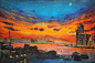 厦门 鼓浪屿 手绘风景 水彩 黄昏 傍晚 入夜