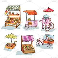 摊位店和推车，矢量插图