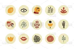 抽象故事亮点封面。手绘形状涂鸦集波西米亚当代风格。矢量围绕社交媒体故事的博客