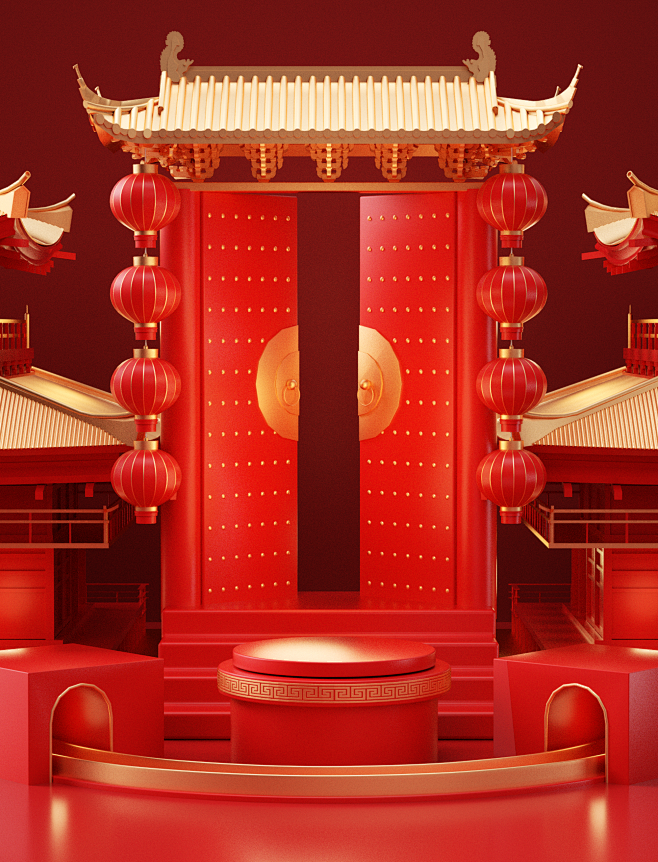 潮国创意_新年春节喜庆3D红色电商展台背...
