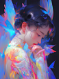 a girl painting her face with colored wings and a painting on her arm, in the style of yanjun cheng, neon color palette, multi-layered figures, romanticized nature, intricate illustrations, loose and fluid, meticulous