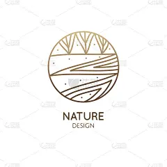 向量的自然元素在线性风格。线性图标的景观与树木，河流，田野或湖泊
