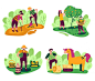 Eco farming compositions set with outdoor scenery and working people characters with domestic products and plants vector illustration