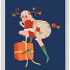 少女麋鹿礼盒素雅高端圣诞节插画-众图网