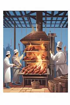 厨房厨师北京烤鸭美食制作元素插画