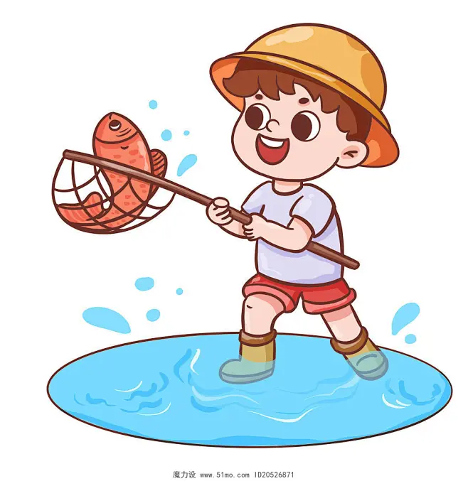 夏天卡通人物捕鱼元素插画图片素材-花瓣网