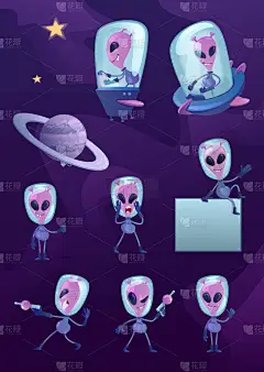 地外2d卡通人物画套件。身穿宇航服的情绪化的火星人紫色的外星人准备使用一个漫画平庸英雄集模板为商业，