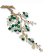 Jadeite, Diamond, Coloured Diamond and Ruby 'Floral' Brooch, Francis Chiu Designed as a branch filled with flower blossoms, embellished by seventeen jadeite cabochons of translucent emerald green colour, to leaves and stems set with circular-cut diamonds