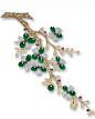 Jadeite, Diamond, Coloured Diamond and Ruby 'Floral' Brooch, Francis Chiu Designed as a branch filled with flower blossoms, embellished by seventeen jadeite cabochons of translucent emerald green colour, to leaves and stems set with circular-cut diamonds 