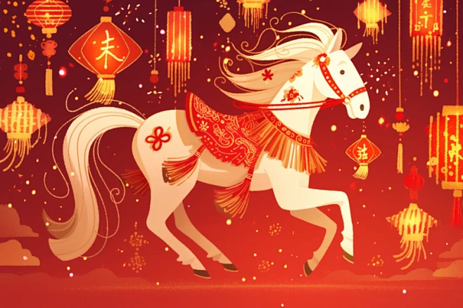 AI鼓2026年喜庆丙午年马年卡通插画-花瓣网