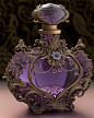 This may contain: an ornate purple bottle with flowers on it