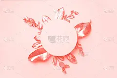 金色的叶子在时尚的珊瑚色背景与复制空间。前视图。副本的空间。夏秋概念。创意设计元素的邀请，婚礼贺卡，