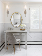 Large transitional master white tile and porcelain tile porcelain tile and white floor bathroom photo in Detroit with gray cabinets and white walls