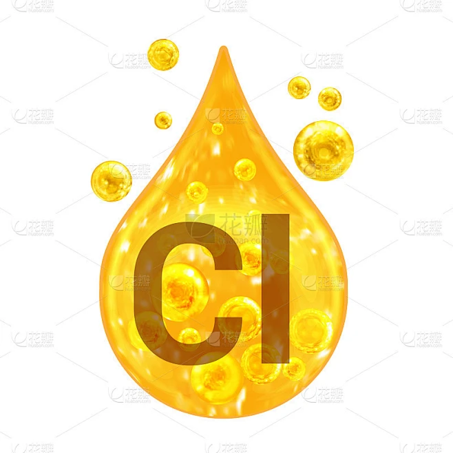 矿物质维生素复杂。矿产Cl。氯。金色的水滴和金色的球孤立在白色的背景上。健康的概念。Cl氯。素材-花瓣网