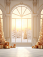 In the style of luxurious geometry,a white christmas room with christmas tree and gifts,  golden light, arched doorways, realistic landscapes with soft, tonal colors, vignettes of paris,minimalist detail, soft shading, uhd image --v 5.2 --ar 3:4