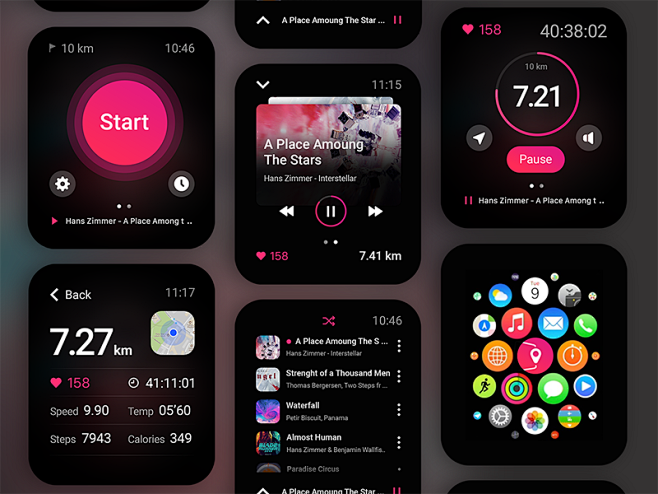 使用您最喜欢的音乐运行ios ui ux运行应用程序概念界面苹果手表健身手链移动设计移动界面