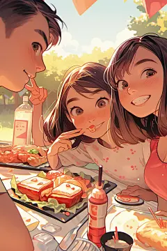 夏日聚会手绘漫画风插画