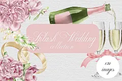 手绘婚礼用品香槟玫瑰花戒指图形插图PNG免扣设计素材 Splash Wedding Collection - 南岸设计网 nananps.com