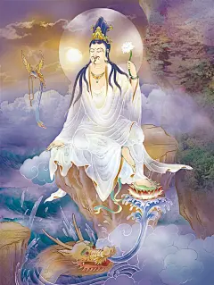 三十三观音化身
十五、威德观音（比丘身）：箕坐岩畔，左手持莲花，或释为表卅三身中天大将军身。