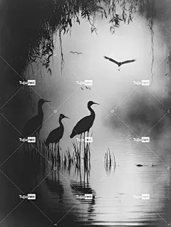 神秘的沼泽景观一张月光下的鸟类黑暗的艺术海报