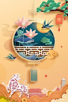春节元旦创意背景图元素psd高清背景_新图网 https://ixintu.com 12生肖牛 元旦 创意手机壁纸 剪纸元素 新春 春节 树枝装饰 灯笼 生肖牛 背景图 荷花 边框