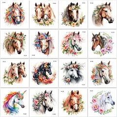 彩色花马独角兽纹身贴防水ins风逼真优雅个性-淘宝网