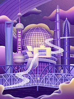 时尚紫色国潮风名胜景点插画海报