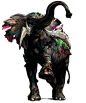 This may contain: an elephant with large tusks and flowers on it's back