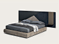 Shakedesign_Beds_Ego bed with upholstered base with leather P20 nabuk liscio col. seppia; wooden headboard in T150 noir,  leather P20 nabuk liscio col. seppia and leather P46 nabuk liscio col. blu oceano. Light bronze metal shelves