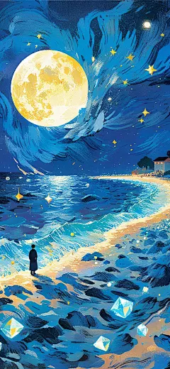 油画风海边夜景插画壁纸