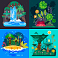 Four Fantastic jungle landscapes with a tropical bushes, paradise island, mystical waterfall and rain forrest. Flat vector illustr