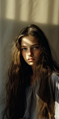 a photography of a teenage girl , long hair brown hair, grey eyes, very detailed, intense gaze, skin face crack like porcelain , dramatic light , dynamic pose style annie liebovitz , style raw