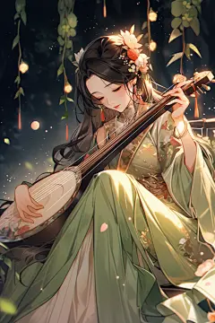 水墨琵琶古装少女古风女生插画