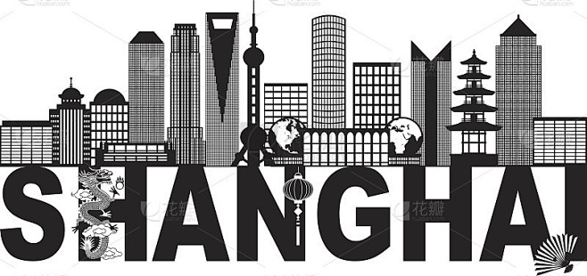 上海中国天际线文字黑白插图