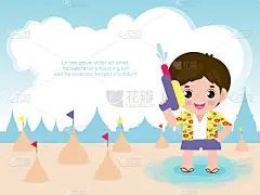 泰国宋干节儿童拿着水枪享受泼水节，泰国传统元旦孤立矢量插图贺卡泰国旅游概念