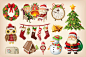 Set of colorful Christmas items. : Collection of vector images with christmas tree, santa claus and elf sitting near fireplace, snowman, socks with presents, christmas wreath, vintage clock, gingerbread house, owl, christmas
