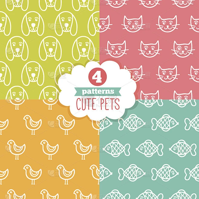 与可爱的宠物无缝模式。狗，猫，鸟，鱼图片_猫图片素材-花瓣网