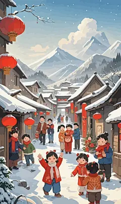 春节雪景街景庆春插画图形元素