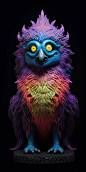 Vivid psychedelic mythical crystal yeti griffin sculpture, black background