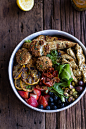 Moroccan Chicken Salad with Pistachio Crusted Fried Goat Cheese and Garlic Naan