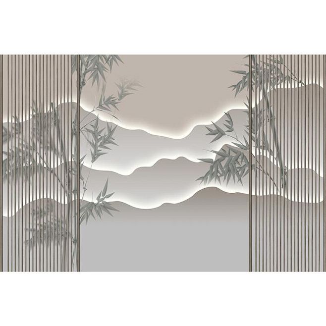 新中式竹林山水壁画古风仿真屏风客厅茶室装...