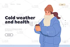 寒冷天气和健康概念。平面卡通片冷冰冰的年轻女子形象穿着温暖的外套站在户外喝着热外卖的香浓咖啡。登陆页