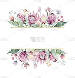 手绘孤立的水彩花卉框架与protea玫瑰，叶，枝和花。波希米亚金水晶框架。元素的问候婚礼卡。
