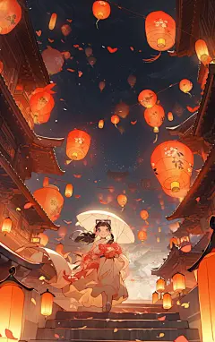 灯笼下的可爱小女孩素材图片